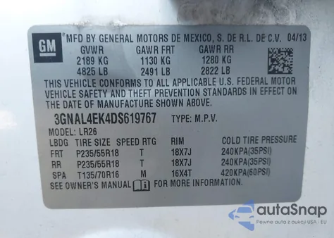 2013 Chevrolet Captiva Sport Ltz из США, поврежденный, VIN 3GNAL4EK4DS619767